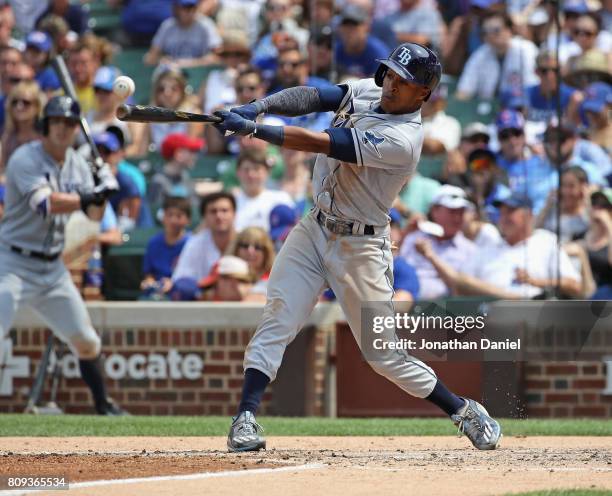 Mallex Smith of the Tampa Bay Rays hits a double in the 6th inning against the Chicago Cubs at Wrigley Field on July 5, 2017 in Chicago, Illinois.