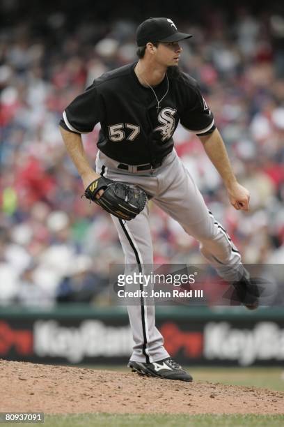 Boone Logan of the Chicago White Sox pitches during the game against the Cleveland Indians at Progressive Field in Cleveland, Ohio on March 31, 2008....