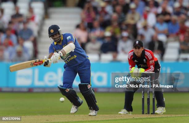 Sri Lanka batsman Angelo Matthews during his innings of 39 scores off England's Graeme Swann, watched by wicketkeeper Craig Kieswetter during the...