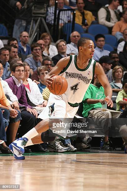 Randy Foye of the Minnesota Timberwolves moves the ball during the NBA game against the Milwaukee Bucks at the Target Center on April 16, 2008 in...
