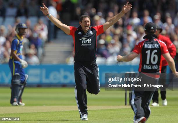 England's Tim Bresnan celebrates taking the wicket of Sri Lanka batsman Mahela Jaywardene during the fourth Natwest ODI match at Trent Bridge,...