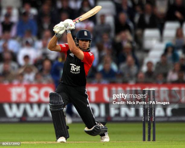 England's captain Alastair Cook drives the ball for four runs during the fourth Natwest ODI match at Trent Bridge, Nottingham.