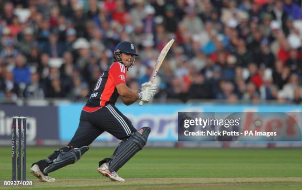 England's captain Alastair Cook bats and clips the ball off his legs for four runs during the fourth Natwest ODI match at Trent Bridge, Nottingham.