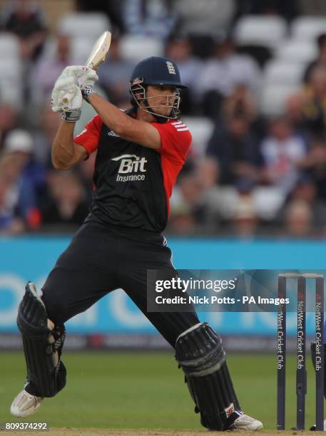 England's captain Alastair Cook drives the ball for four runs during the fourth Natwest ODI match at Trent Bridge, Nottingham.