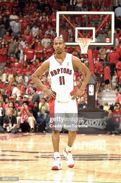 Ford of the Toronto Raptors stands on the court in Game Four of the Eastern Conference Quarterfinals against the Orlando Magic during the 2008 NBA...