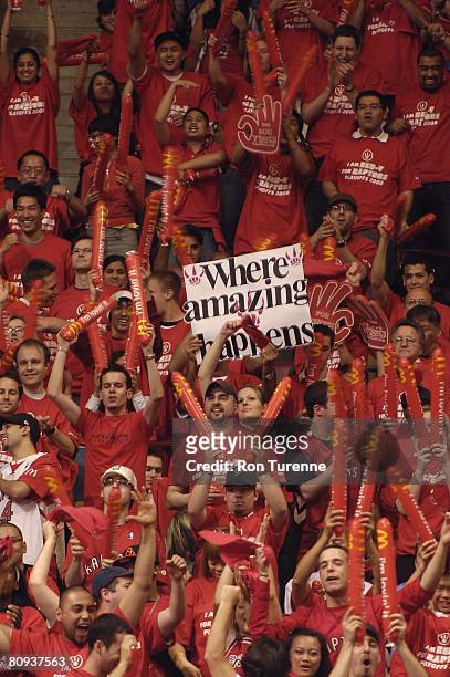 The Toronto Raptors fans cheer in Game Three of the Eastern Conference Quarterfinals against the Orlando Magic during the 2008 NBA Playoffs at the...