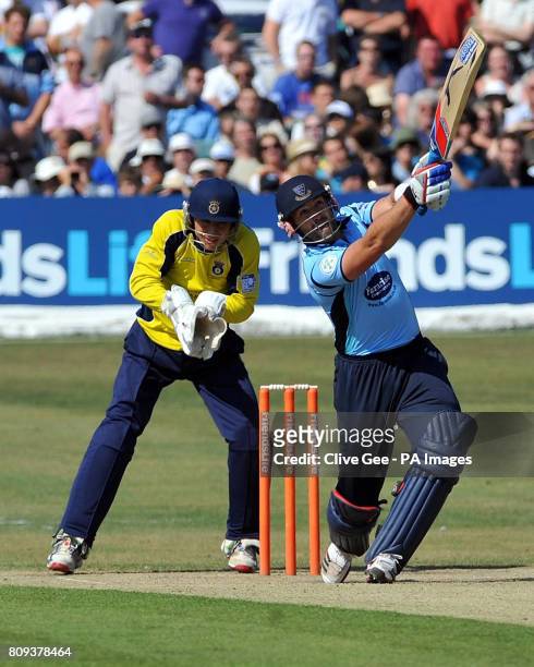 Sussex's Matt Prior plays a big shot only to be caught by Hampshire's Sean Ervine during the Friends Life T20 match at the Probiz County Ground in...