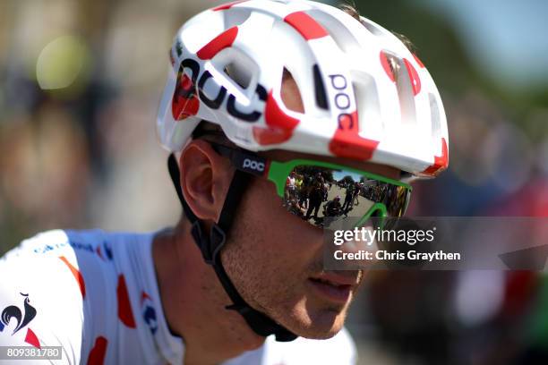 Nathan Brown of United States riding for Cannondale Drapac in the King of the Mounatains jersey prepares to start stage five of the 2017 Le Tour de...