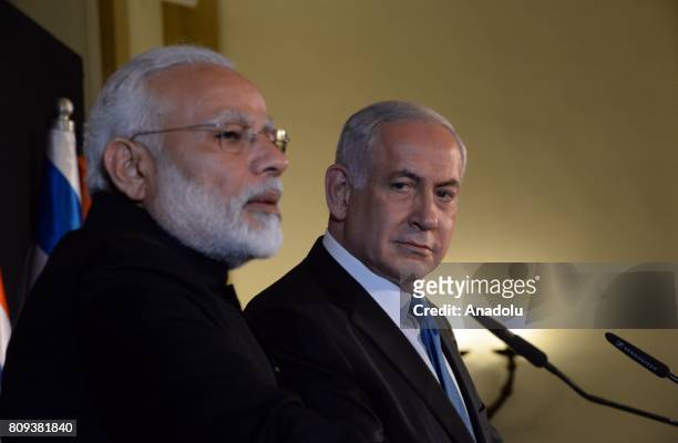 Israel's Prime Minister Benjamin Netanyahu and Indian Prime Minister Narendra Modi hold a joint press conference following their meeting in Jerusalem...