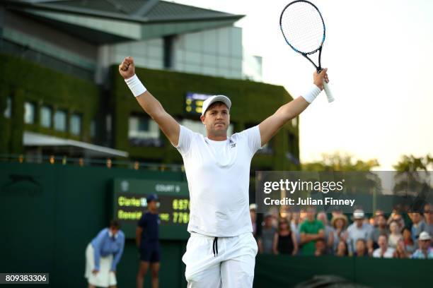 Marcus Willis of Great Britain celebrates victory after the Gentlemen's Doubles first round match against Jared Donaldson of the United States and...