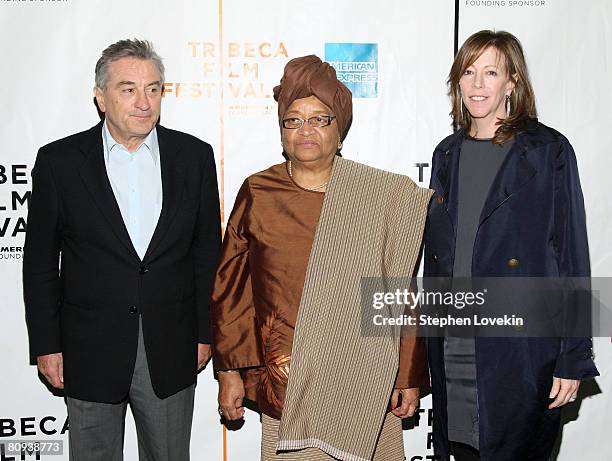 Co-Founder of Tribeca Film Festival Robert De Niro, President of Liberia Ellen Sirleaf and Co-founder of Tribeca Film Festival Jane Rosenthal attend...