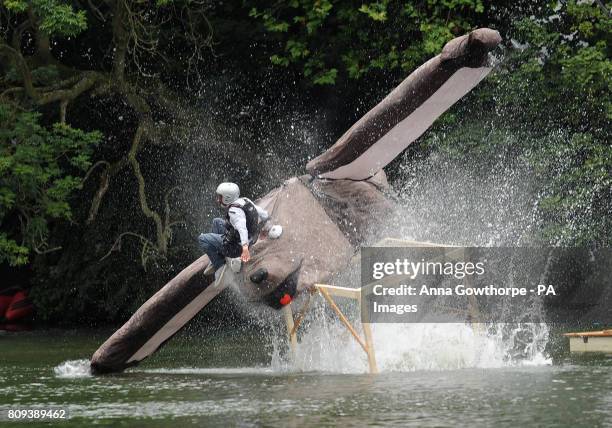 Where Weasels Dare crashes into the water during the Red Bull Flugtag event in Roundhay Park, Leeds.