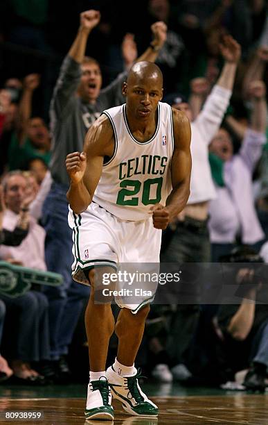 Ray Allen of the Boston Celtics celebrates his shot late in the second quarter against the Atlanta Hawks during Game Five of the Eastern Conference...