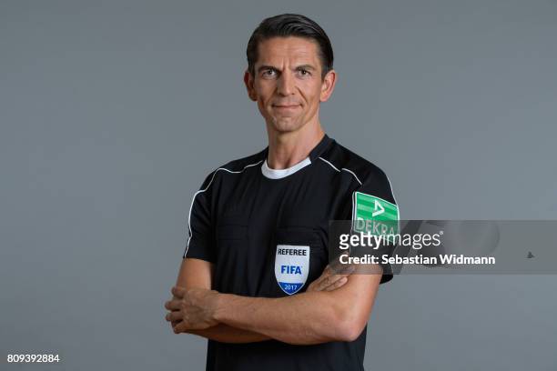 Referee Deniz Aytekin poses during the DFB referee team presentation on July 5, 2017 in Grassau, Germany.