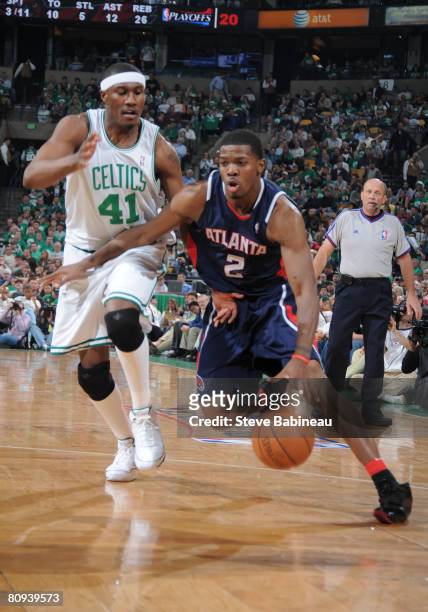 Joe Johnson of the Atlanta Hawks drives past James Posey of the Boston Celtics in Game Five of the Eastern Conference Quarterfinals during the 2008...