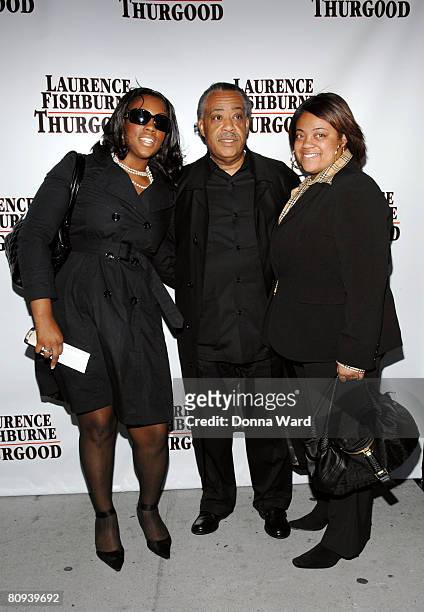 Activist Al Sharpton poses with daughters Dominique Sharpton and Ashley Sharpton at the opening night of "Thurgood" at the Booth Theater on Broadway...
