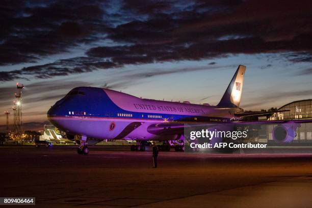 Air Force One carrying US President Donald Trump taxis upon arrival at Chopin Airport in Warsaw on July 5, 2017. Donald Trump arrived for high-stakes...