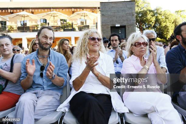 Pierfrancesco Villaggio, Elisabetta Villaggio and Maura Albites attend the Paolo Villaggio Funeral at Casa del Cinema on July 5, 2017 in Rome, Italy.