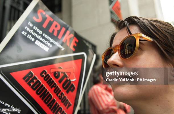Lucy Fleming of BBC News website takes part in a 24-hour strike by NUJ members at the BBC, in protest at compulsory redundancies, outside Bush House...