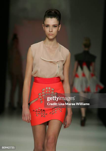 Model showcases an outift by designer Dion Lee on the catwalk as part of the Fashion Design Studio TAFE show during the fourth day of the Rosemount...