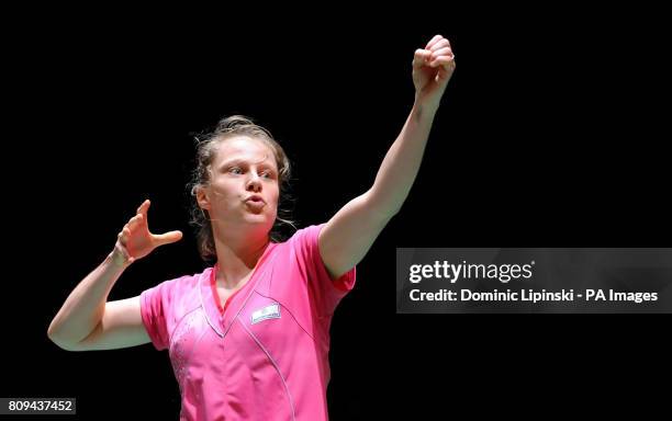 Germany's Juliane Schenk celebrates victory in her match against China's Yanjiao Jiang during the World Championships at Wembley Arena, London.