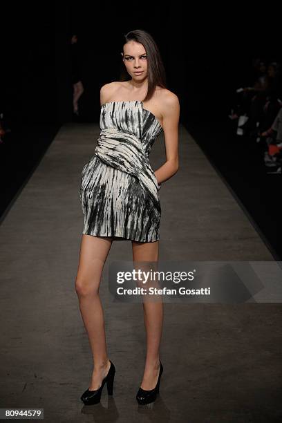 Model showcases an outift by designer Shakuhachi on the catwalk during the fourth day of the Rosemount Australian Fashion Week Spring/Summer 2008/09...