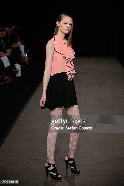 Model showcases an outift by designer Shakuhachi on the catwalk during the fourth day of the Rosemount Australian Fashion Week Spring/Summer 2008/09...