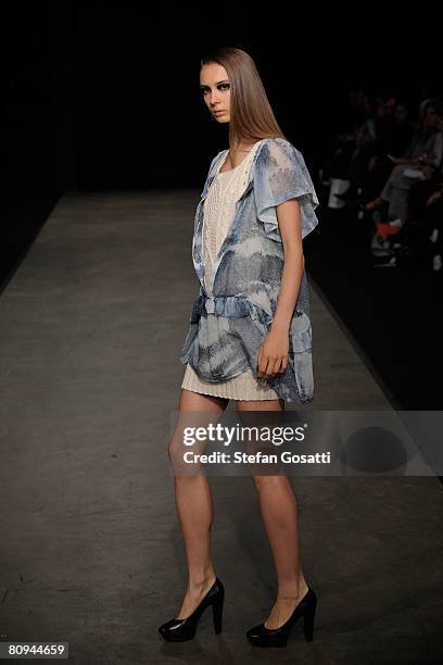 Model showcases an outift by designer Shakuhachi on the catwalk during the fourth day of the Rosemount Australian Fashion Week Spring/Summer 2008/09...