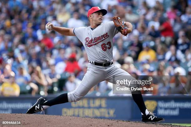 Tyler Wilson of the Baltimore Orioles pitches in the sixth inning against the Milwaukee Brewers at Miller Park on July 04, 2017 in Milwaukee,...