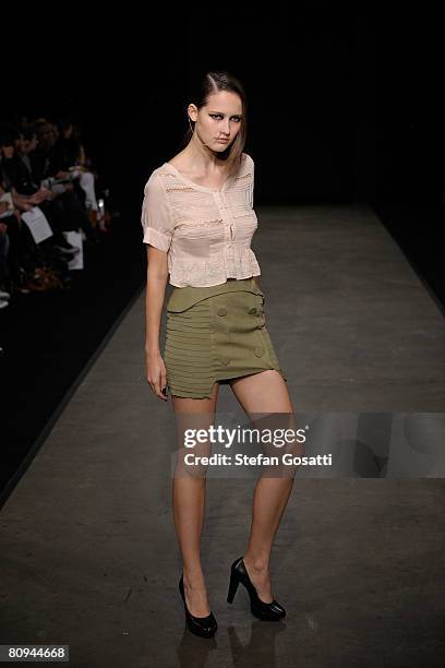 Model showcases an outift by designer Shakuhachi on the catwalk during the fourth day of the Rosemount Australian Fashion Week Spring/Summer 2008/09...