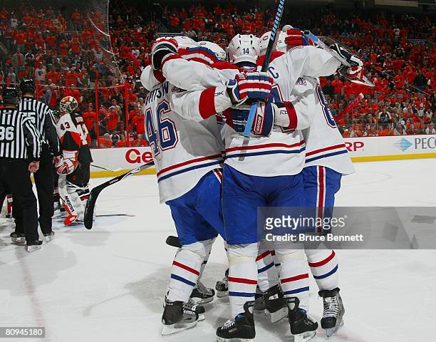 The Montreal Canadiens celebrate a goal against the Philadelphia Flyers during game three of the Eastern Conference Semifinals of the 2008 NHL...