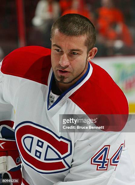 Roman Hamrlik of the Montreal Canadiens skates during warmups prior to his game against the Philadelphia Flyers in game three of the Eastern...