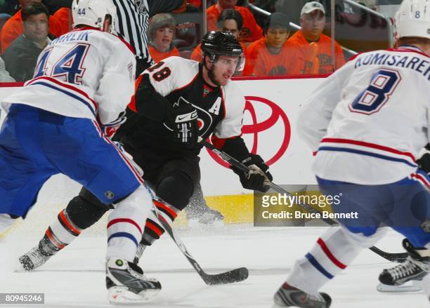 Mike Richards of the Philadelphia Flyers skates against the Montreal Canadiens during game three of the Eastern Conference Semifinals of the 2008 NHL...