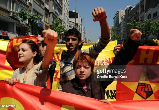 Turkish protesters demonstarte in central Istanbul, May 1, 2008 in Istanbul, Turkey. Turkish police officers used water cannons and tear gas to...