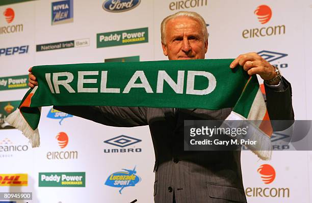 Giovanni Trapattoni answers questions during a press conference to unveil him as the new manager of the Republic of Ireland football team at the RDS...