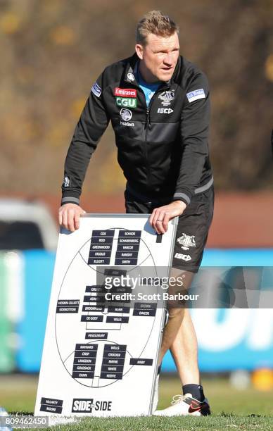 Nathan Buckley, coach of the Magpies looks on during a Collingwood AFL training session at the Holden Centre on July 6, 2017 in Melbourne, Australia.