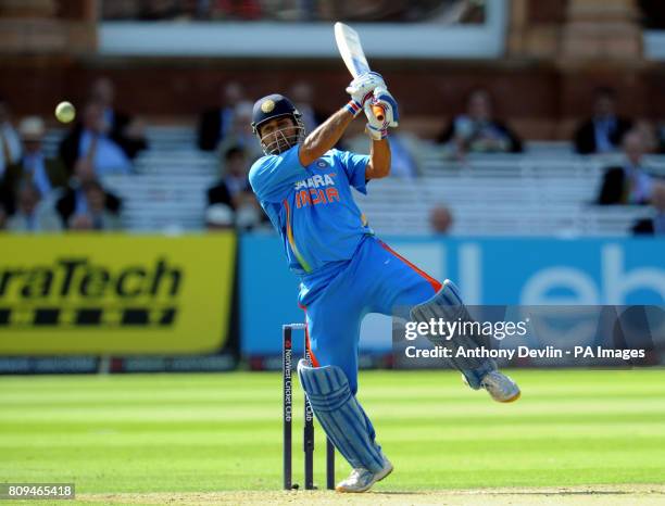 India's Mahendra Singh Dhoni bats during the Fourth ODI at Lords Cricket Ground, London.