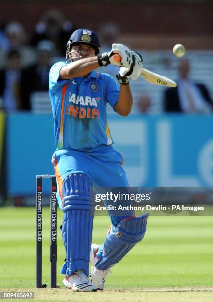 India's Suresh Raina bats during the Fourth ODI at Lords Cricket Ground, London.