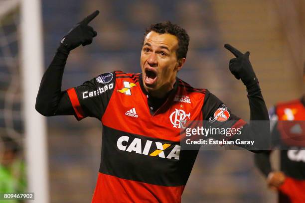 Leandro Damiao of Flamengo celebrates after scoring the third goal of his team during a match between Palestino and Flamengo as part of second round...