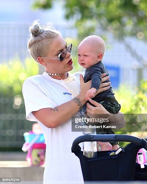 Pink and son, Jameson Hart, step out for a walk to the park on July 5, 2017 in New York City.