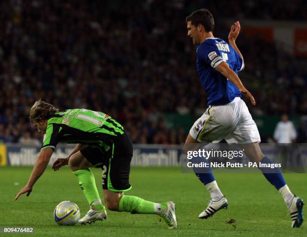 Brighton and Hove Albion's Craig Mackail-Smith is fouled in the penalty area by Cardiff City defender Mark Hudson during the npower Championship...