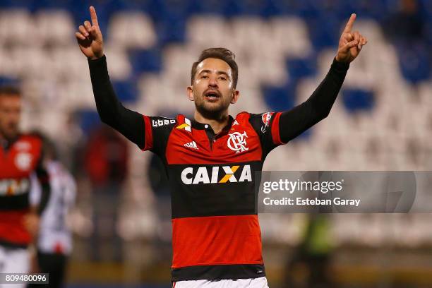 Everton Ribeiro of Flamengo celebrates after scoring the fifth goal of his team during a match between Palestino and Flamengo as part of second round...