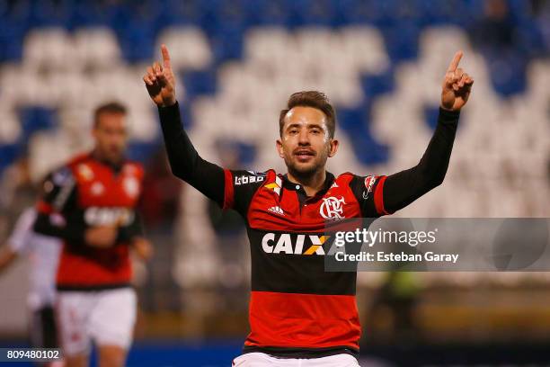 Everton Ribeiro of Flamengo celebrates after scoring the fifth goal of his team during a match between Palestino and Flamengo as part of second round...