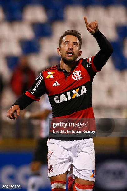 Everton Ribeiro of Flamengo celebrates after scoring the fifth goal of his team during a match between Palestino and Flamengo as part of second round...