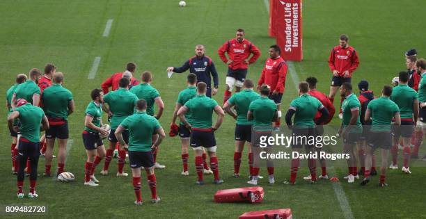 Graham Rowntree, the Lions scrum coach talks to the team during the British & Irish Lions training session at QBE Stadium on July 6, 2017 in...