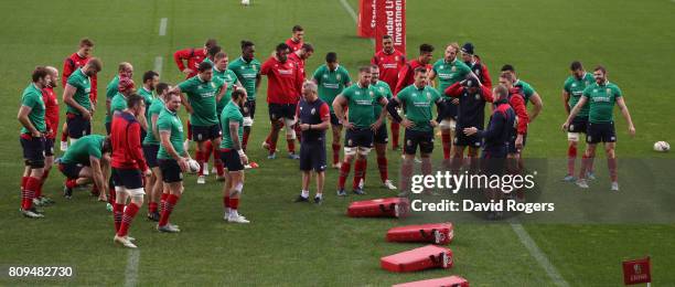 Graham Rowntree, the Lions scrum coach talks to the team during the British & Irish Lions training session at QBE Stadium on July 6, 2017 in...