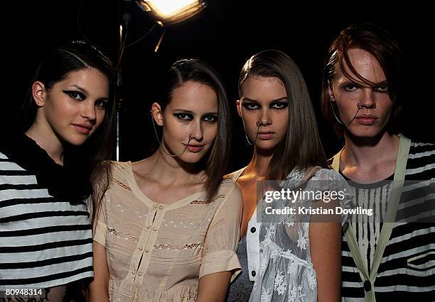 Models pose backstage prior to the Shakuhachi show during the fourth day of the Rosemount Australian Fashion Week Spring/Summer 2008/09 Collections...