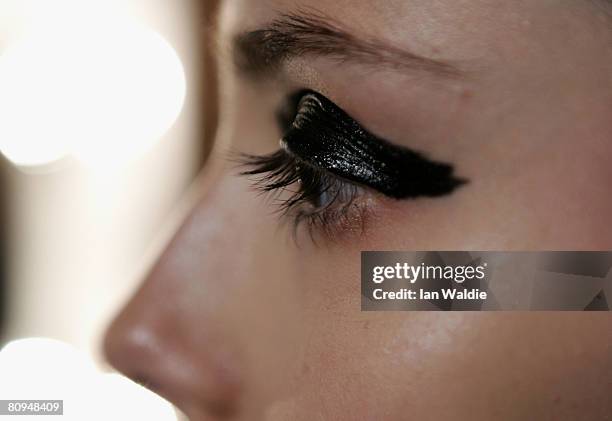 Model prepares backstage prior to the Shakuhachi show during the fourth day of the Rosemount Australian Fashion Week Spring/Summer 2008/09...