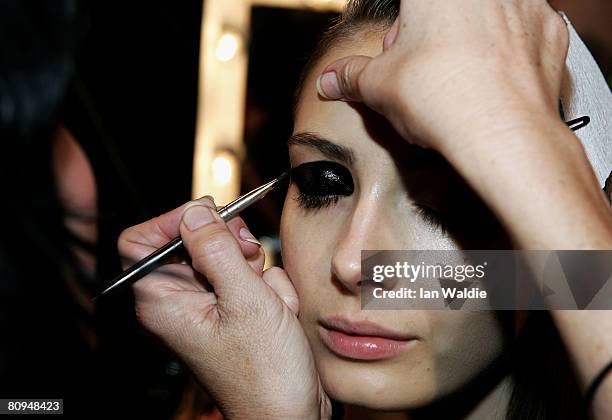 Model has make-up applied backstage prior to the Shakuhachi show during the fourth day of the Rosemount Australian Fashion Week Spring/Summer 2008/09...