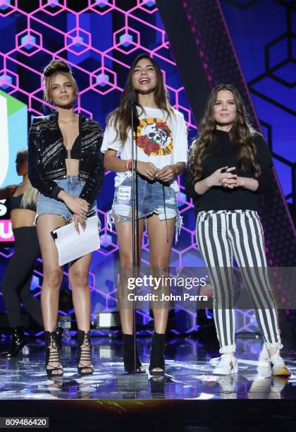 Leslie Grace, Alejandra Espinoza and Joy rehearse on stage during Univision's "Premios Juventud" 2017 Celebrates The Hottest Musical Artists And...